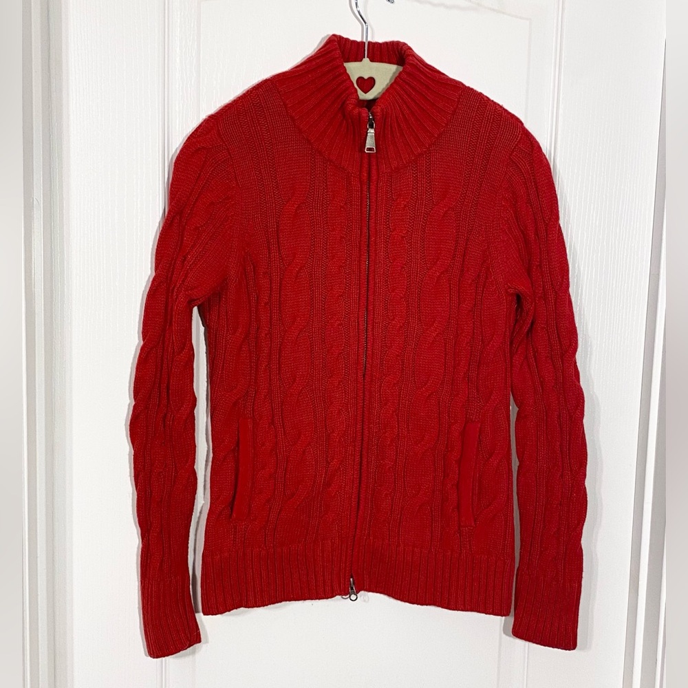 90s Eddie Bauer Cable Knit Zip Cardigan Seattle USA Tag Vintage Red Sz XS Petite
